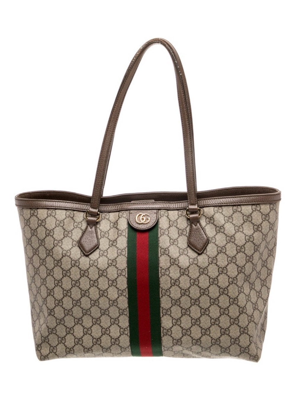 Gucci Beige GG Supreme Tote with Brown Trim and Green-Red Web
